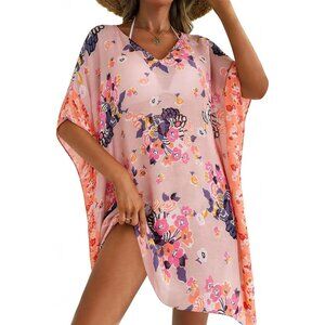 Women's 2 Pink 100% Viscose Kaftan for Bathing Swimsuit Floral Pattern Dress